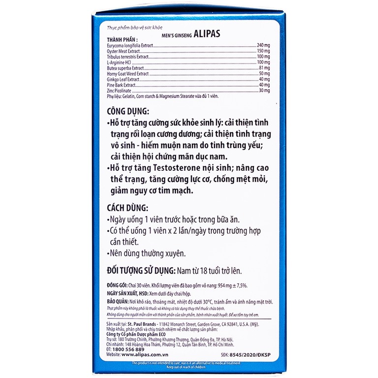 Viên uống Men’s Ginseng Alipas Ecogreen tăng cường sinh lực phái mạnh (30 viên)