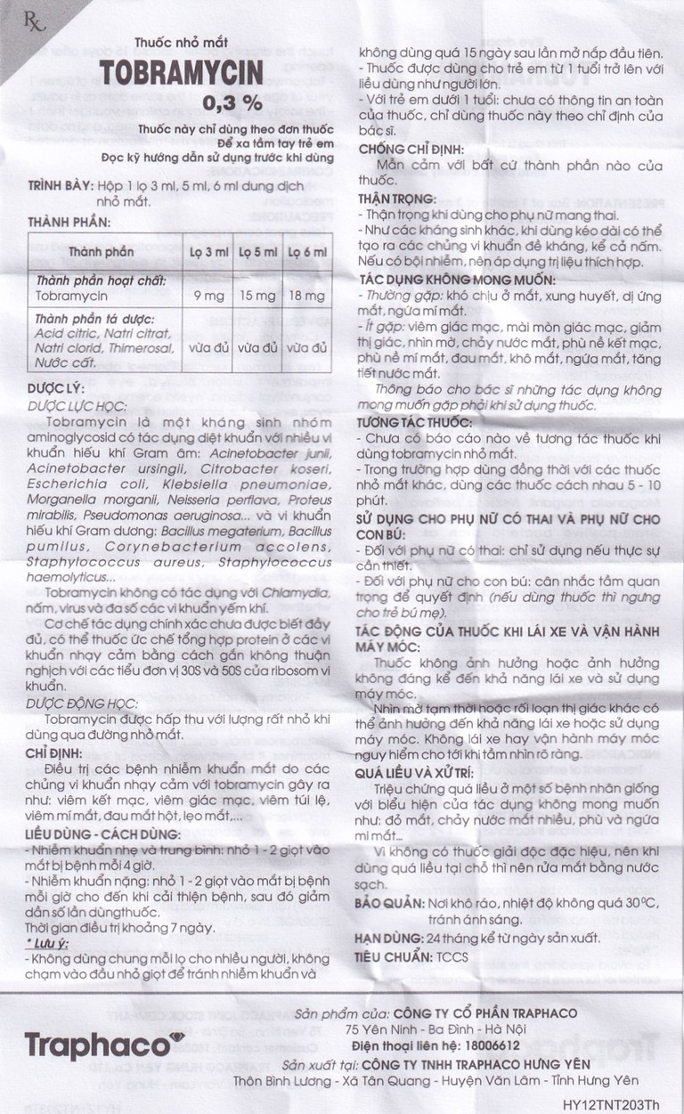 Thuốc nhỏ mắt Tobramycin 0,3% Traphaco điều trị nhiễm khuẩn mắt (6ml)
