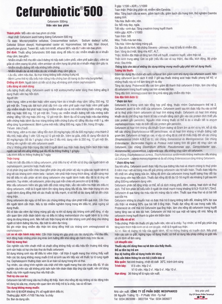 Thuốc Cefurobiotic 500mg Tenamyd điều trị nhiễm khuẩn (5 vỉ x 10 viên)
