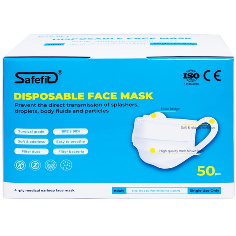 Khẩu trang y tế Safefit màu xanh 4 lớp hỗ trợ ngăn khói, bụi, kháng khuẩn (50 cái)