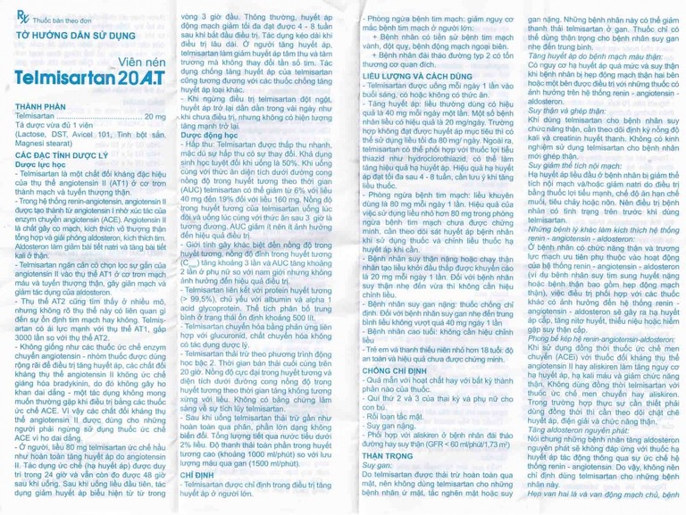 Thuốc Telmisartan 20 A.T điều trị tăng huyết áp (10 vỉ x 10 viên)