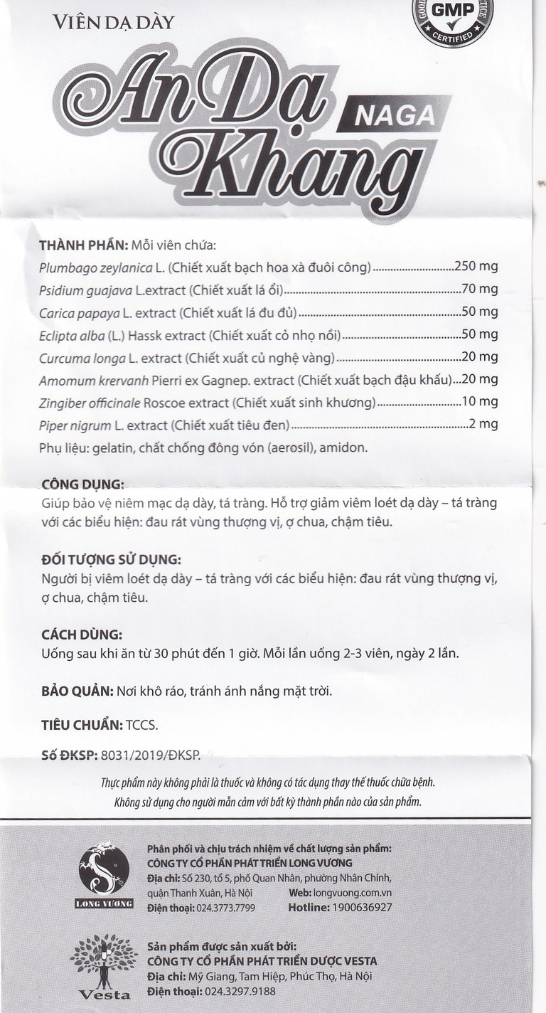 Viên dạ dày An Dạ Khang Naga Vesta giúp bảo vệ niêm mạc dạ dày, tá tràng (3 vỉ x 10 viên)