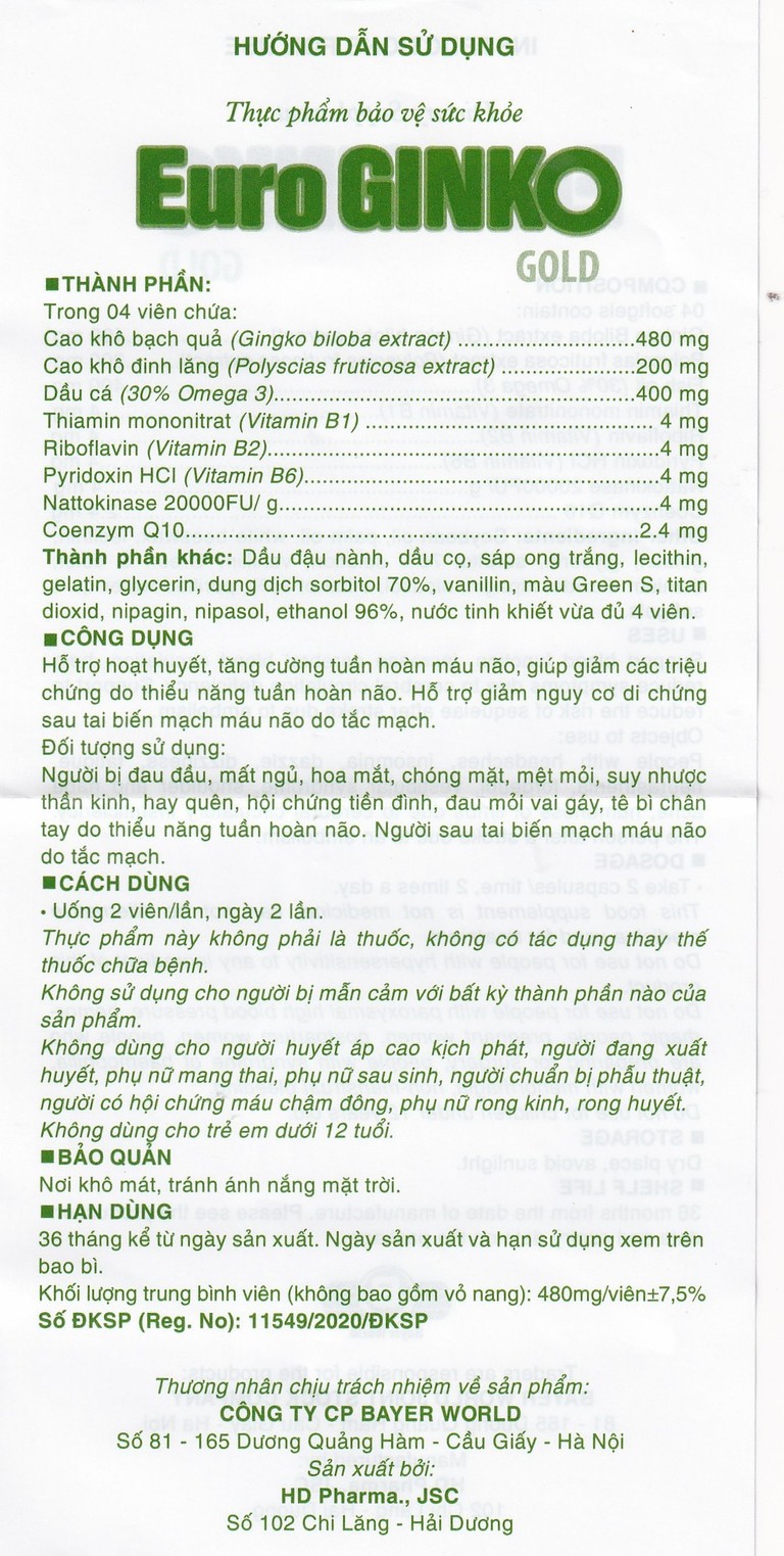 Viên uống Euro Ginko Gold HD Pharma hỗ trợ hoạt huyết, tăng cường tuần hoàn máu não (100 viên)