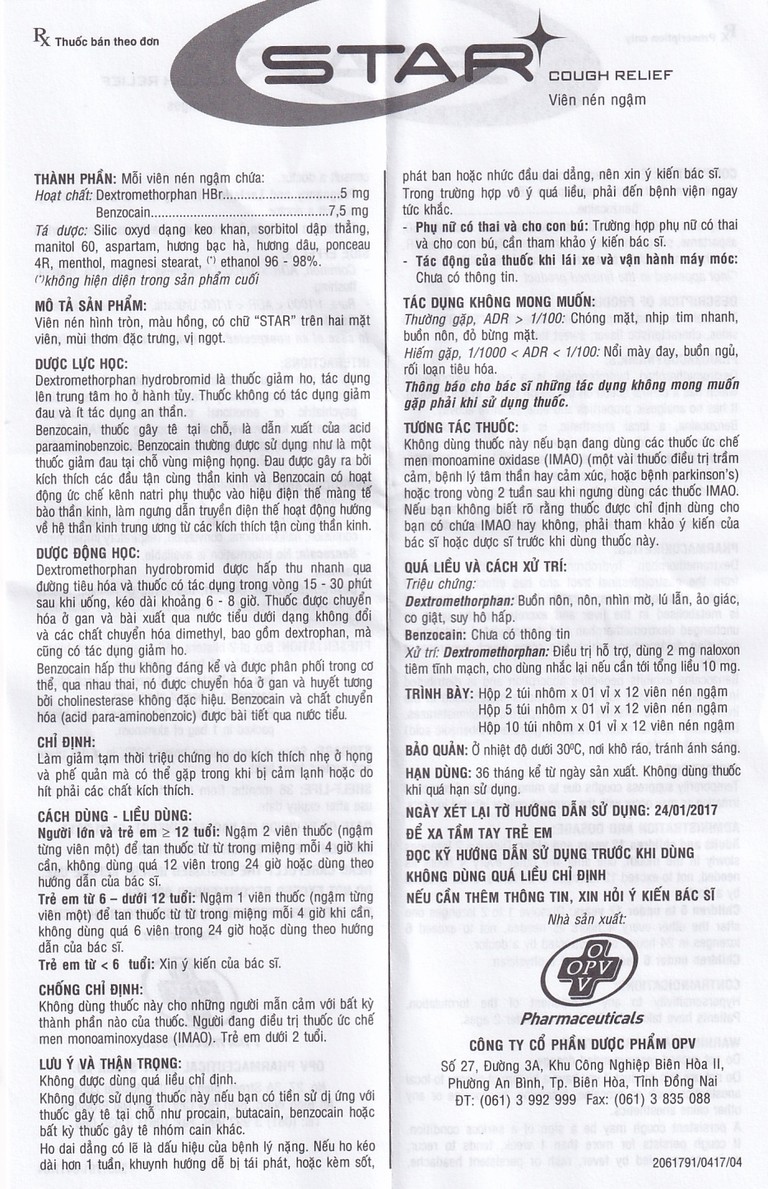 Viên ngậm Star Cough Relief OPV giảm tạm thời triệu chứng ho (2 vỉ x 12 viên)