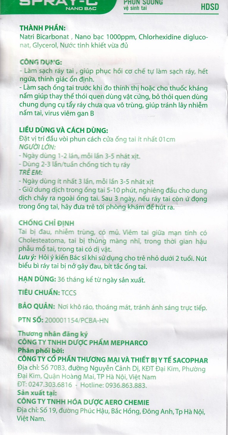 Phun sương vệ sinh tai Spray-C Nano Bạc Aero Chemie làm sạch ráy tai, phục hồi cơ chế tự làm sạch ráy (15ml)