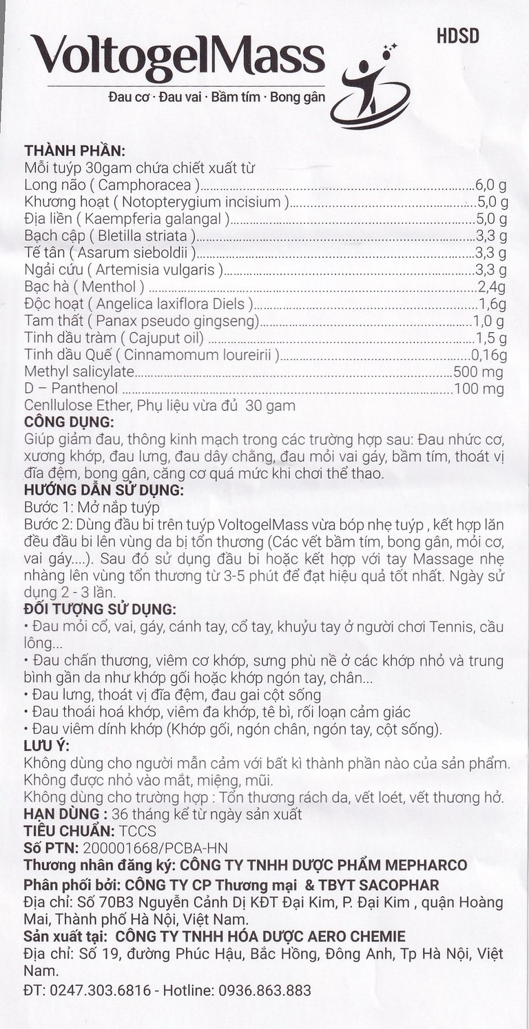 Gel bôi giảm đau VoltogelMass 30g Aero Chemie đau cơ, đau vai, bầm tím, bong gân