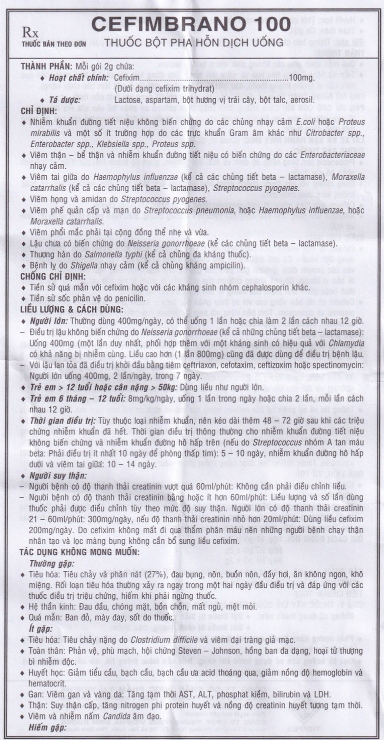 Bột pha hỗn dịch uống Cefimbrano 100 Vidipha điều trị nhiễm khuẩn (10 gói x 2g)