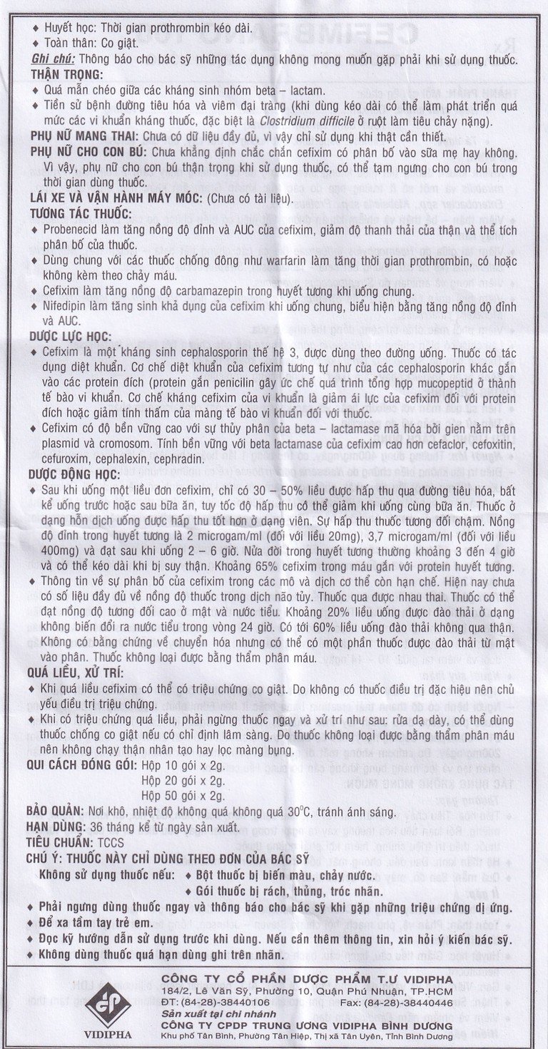 Bột pha hỗn dịch uống Cefimbrano 100 Vidipha điều trị nhiễm khuẩn (10 gói x 2g)
