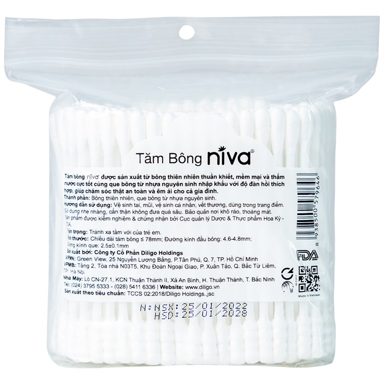 Tăm bông thân nhựa Niva AZ3 túi zip 1 đầu tròn 1 đầu xoắn vệ sinh tai, mũi, vết thương (200 que)
