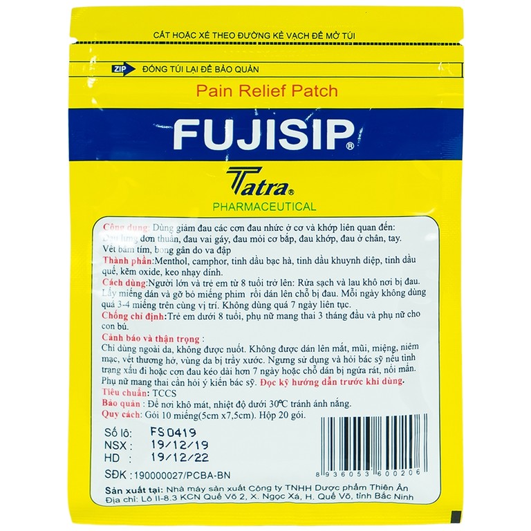 Cao dán giảm đau Fujisip 5cm x 7,5cm Thiên Ân giảm đau vai, đau lưng, đau khớp (10 miếng )