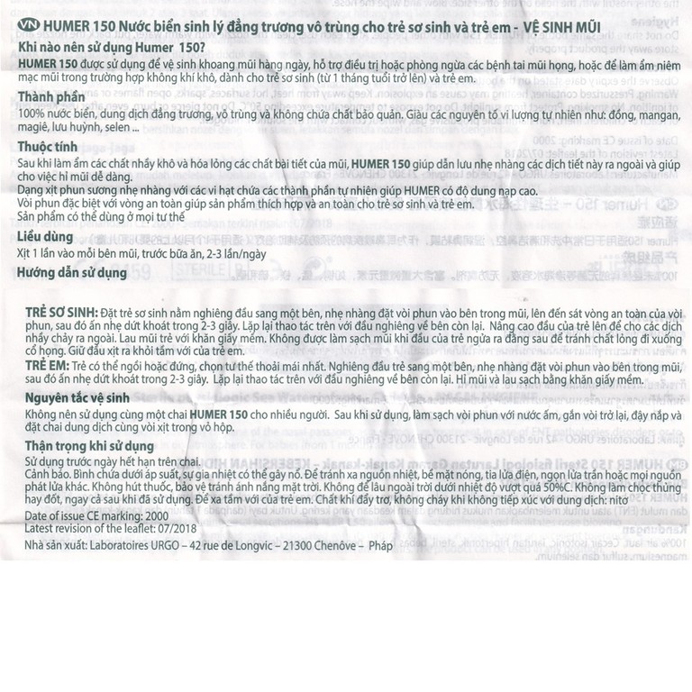 Dung dịch xịt mũi Humer 150 Nasal Hygiene vệ sinh khoang mũi hàng ngày (150ml)