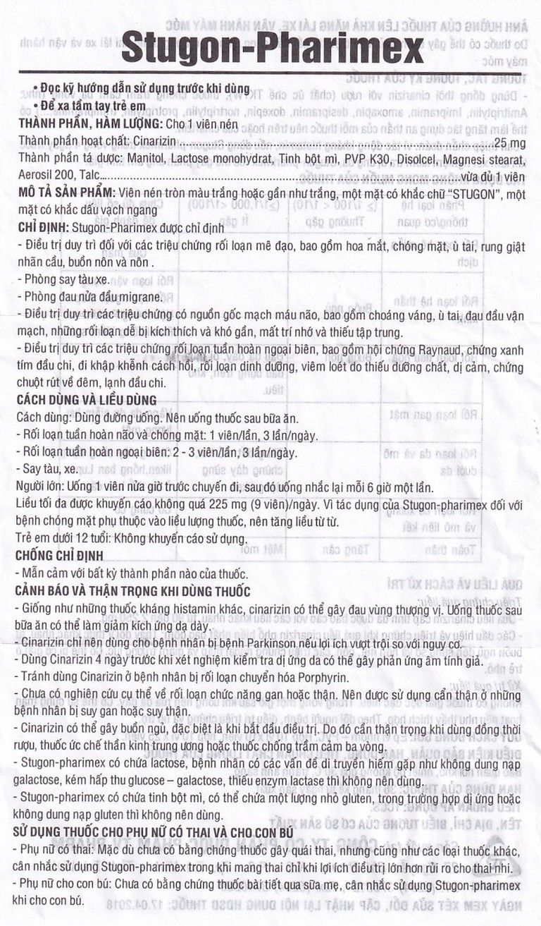 Thuốc Stugon-Pharimex TV.Pharm điều trị triệu chứng hoa mắt, chóng mặt, ù tai (10 vỉ x 25 viên)