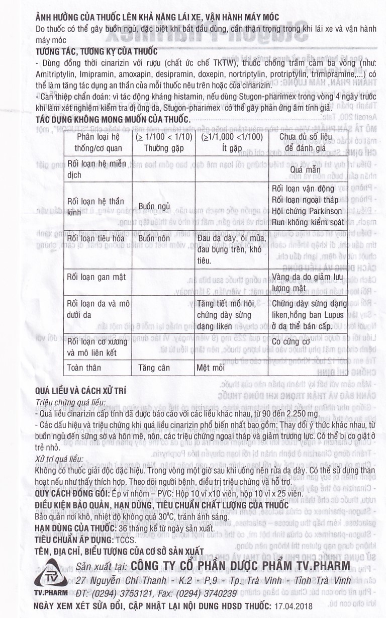 Thuốc Stugon-Pharimex TV.Pharm điều trị triệu chứng hoa mắt, chóng mặt, ù tai (10 vỉ x 25 viên)