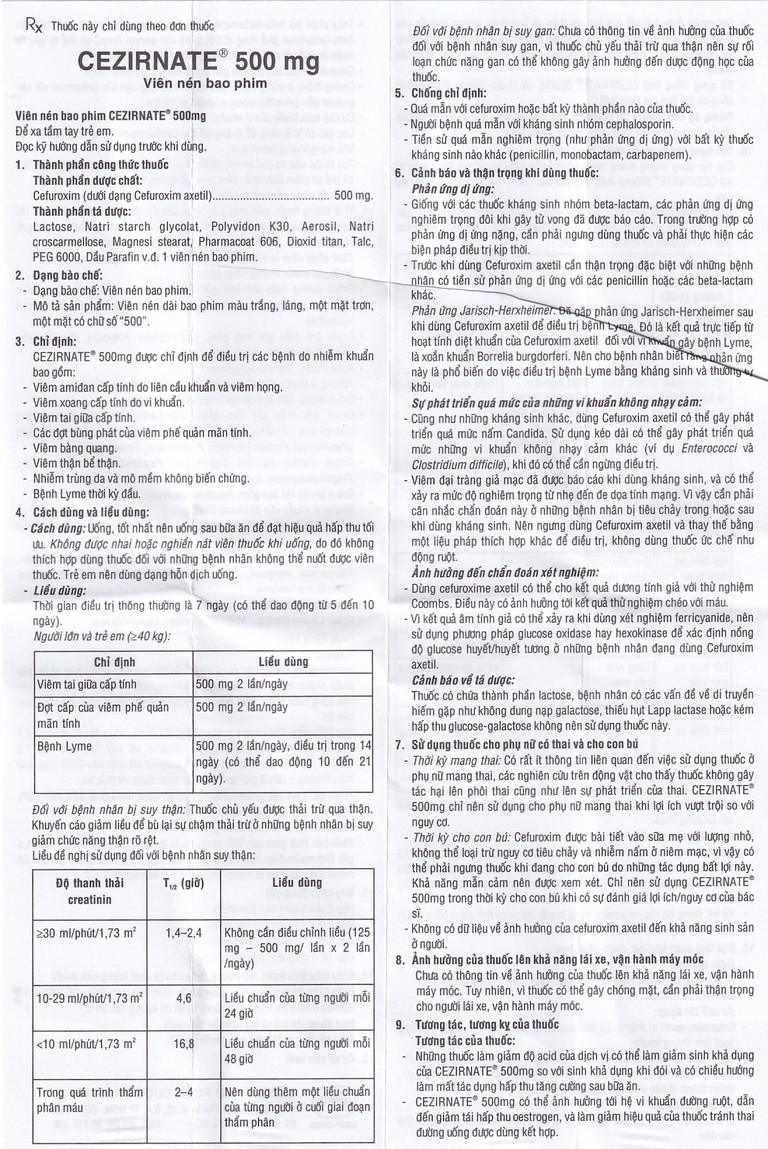 Thuốc Cezirnate 500mg Uphace điều trị các bệnh do nhiễm khuẩn (2 vỉ x 10 viên)