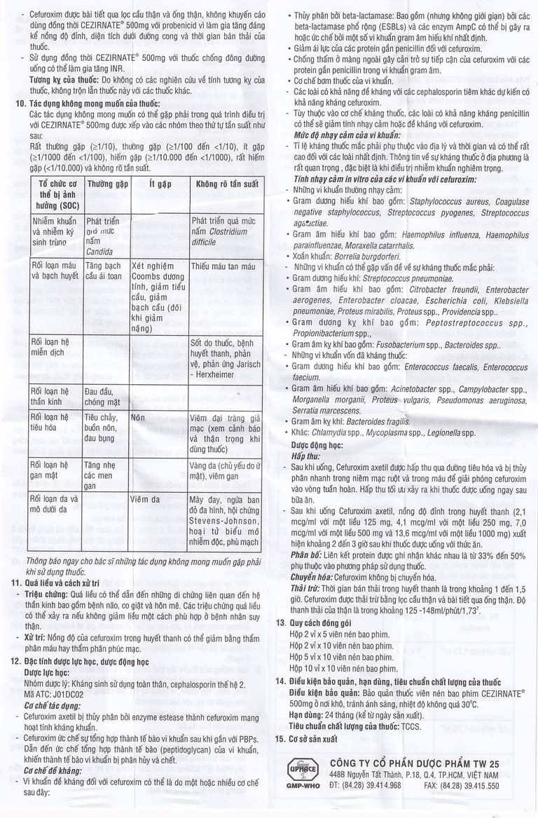 Thuốc Cezirnate 500mg Uphace điều trị các bệnh do nhiễm khuẩn (2 vỉ x 10 viên)
