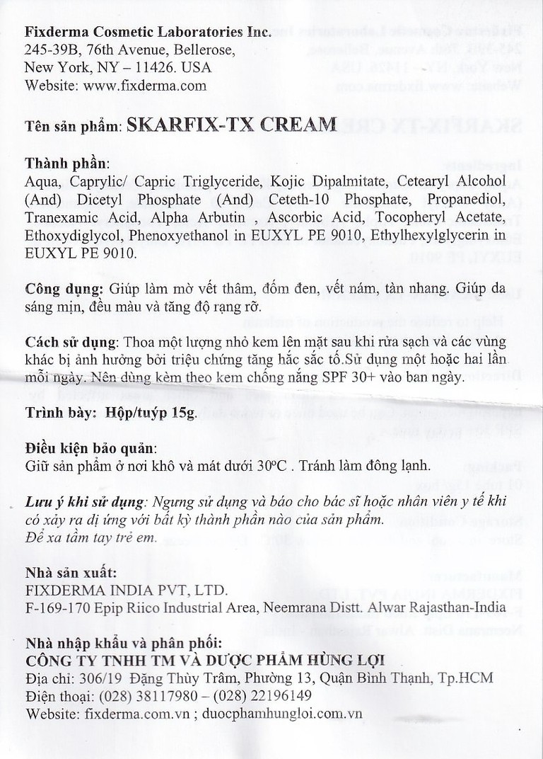 Kem bôi Fixderma Skarfix TX Cream giúp làm mờ vết thâm, đốm đen, vết nám, tàn nhang (15g)