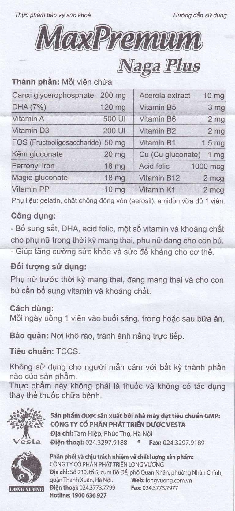 Viên uống MaxPremum Naga Plus Vesta hỗ trợ tăng sức khỏe, đề kháng cho thai phụ (30 viên)