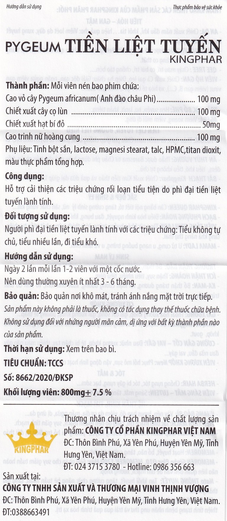 Viên uống Pygeum Tiền Liệt Tuyến Kingphar hỗ trợ cải thiện rối loạn tiểu tiện (4 vỉ x 10 viên)
