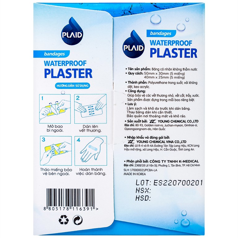 Băng cá nhân không thấm nước Waterproof Plaster hỗ trợ bảo vệ vết thương (10 miếng)