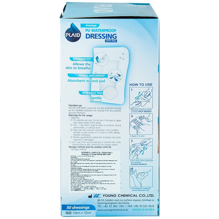 Băng gạc vô trùng không thấm nước Sterile Adflex (With-Pad) (10cm x 12cm) Young Chemical hỗ trợ bảo vệ vết thương (50 miếng)