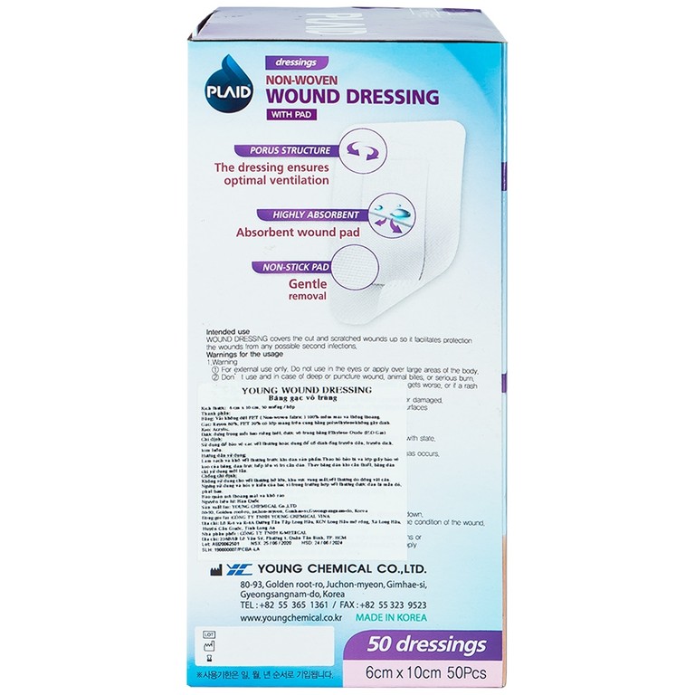Băng gạc vô trùng Young Wound Dressing 6cm x 10cm Young Chemical hỗ trợ bảo vệ vết thương (50 miếng)