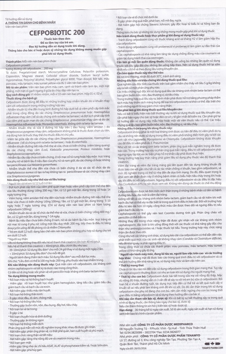Thuốc Cefpobiotic 200mg Medipharco điều trị nhiễm khuẩn (2 vỉ x 10 viên)