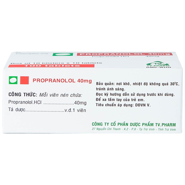 Thuốc Propranolol 40mg TV.Pharm điều trị tăng huyết áp, đau thắt ngực (10 vỉ x 10 viên)