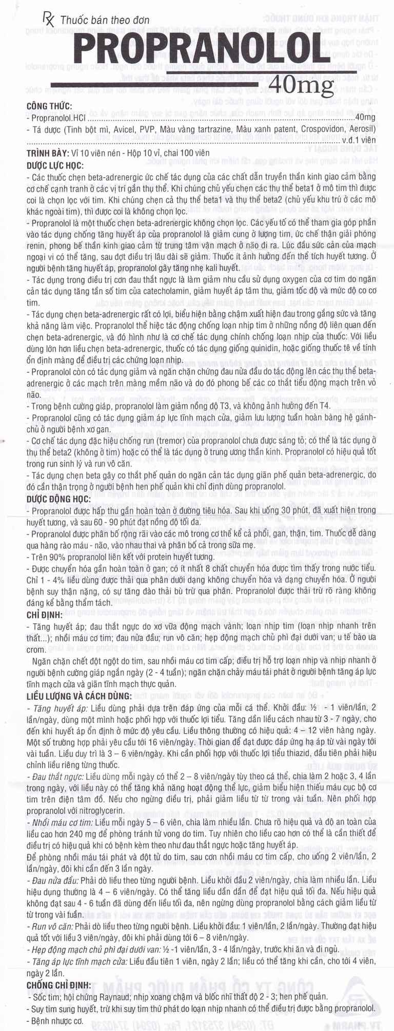 Thuốc Propranolol 40mg TV.Pharm điều trị tăng huyết áp, đau thắt ngực (10 vỉ x 10 viên)