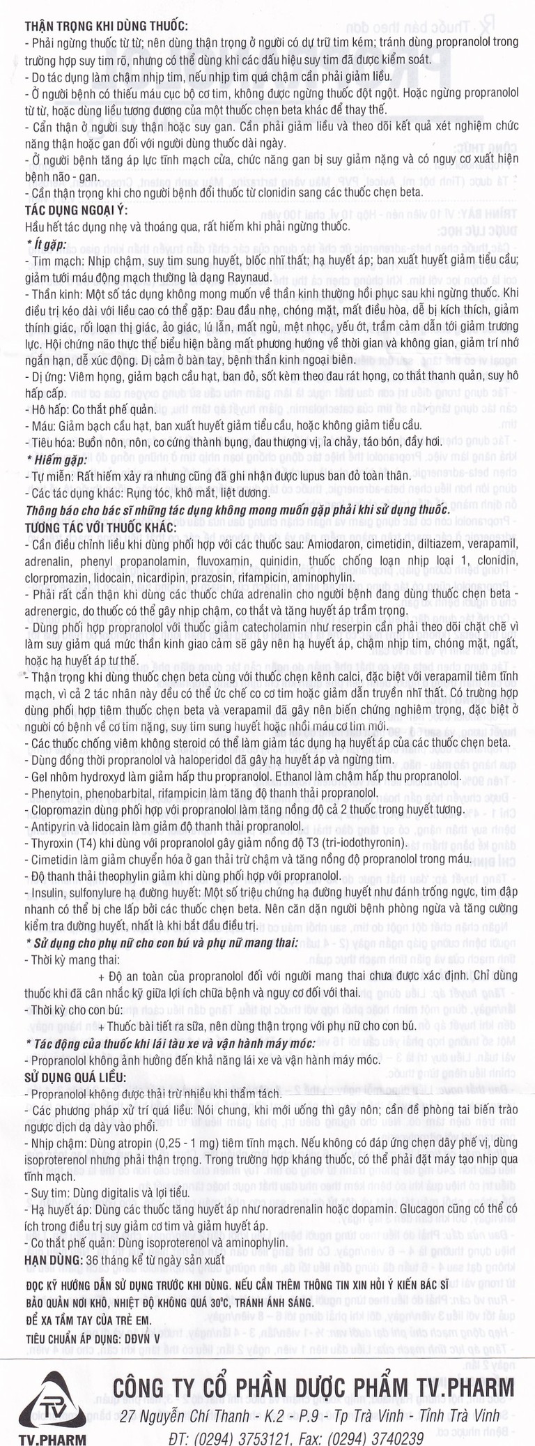 Thuốc Propranolol 40mg TV.Pharm điều trị tăng huyết áp, đau thắt ngực (10 vỉ x 10 viên)