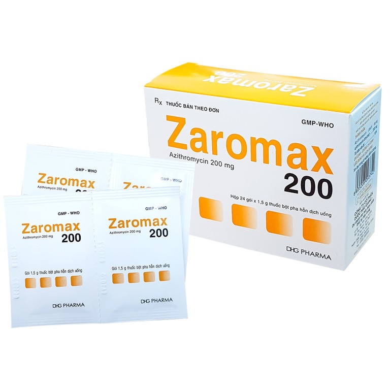Bột pha hỗn dịch uống Zaromax 200 DHG Pharma điều trị viêm phế quản, viêm phổi (24 gói)