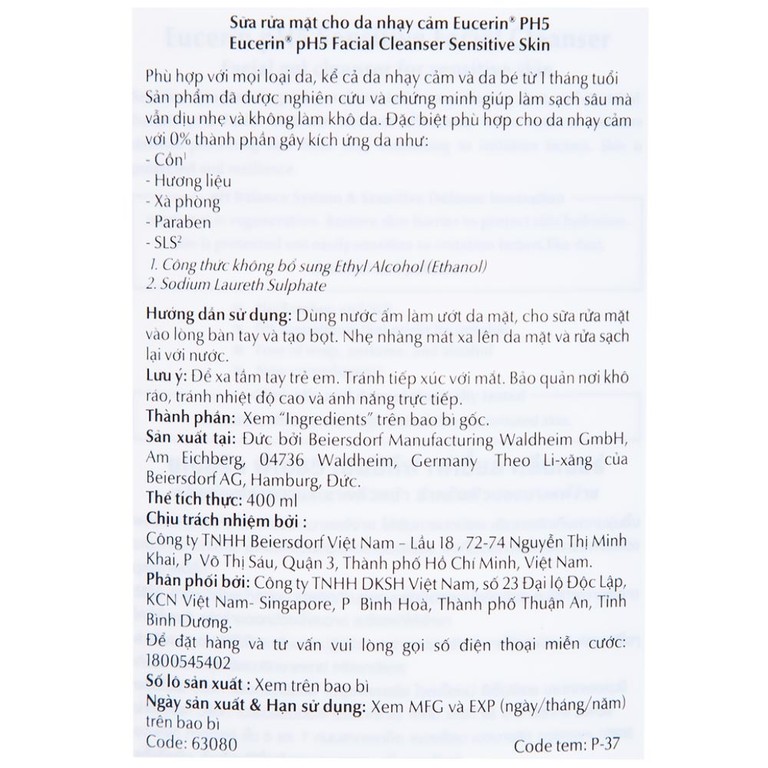 Sữa rửa mặt Eucerin pH5 Facial Cleanser Sensitive Skin làm sạch sâu cho da nhạy cảm (400ml)