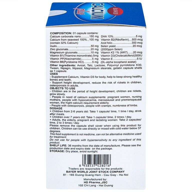 Viên uống Bawod Calcium Plus bổ sung canxi, vitamin D3 giúp răng, xương chắc khỏe (60 viên)