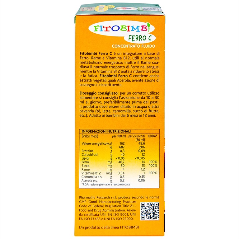 Siro Fitobimbi Ferro C Concentrato Fluido bổ sung sắt, kẽm, vitamin C cho cơ thể (200ml)