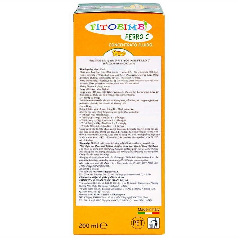 Siro Fitobimbi Ferro C Concentrato Fluido bổ sung sắt, kẽm, vitamin C cho cơ thể (200ml)