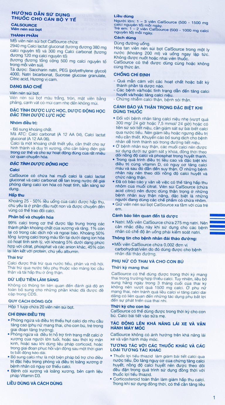 Viên sủi CalSource 500mg GSK phòng ngừa và điều trị thiếu canxi (20 viên)