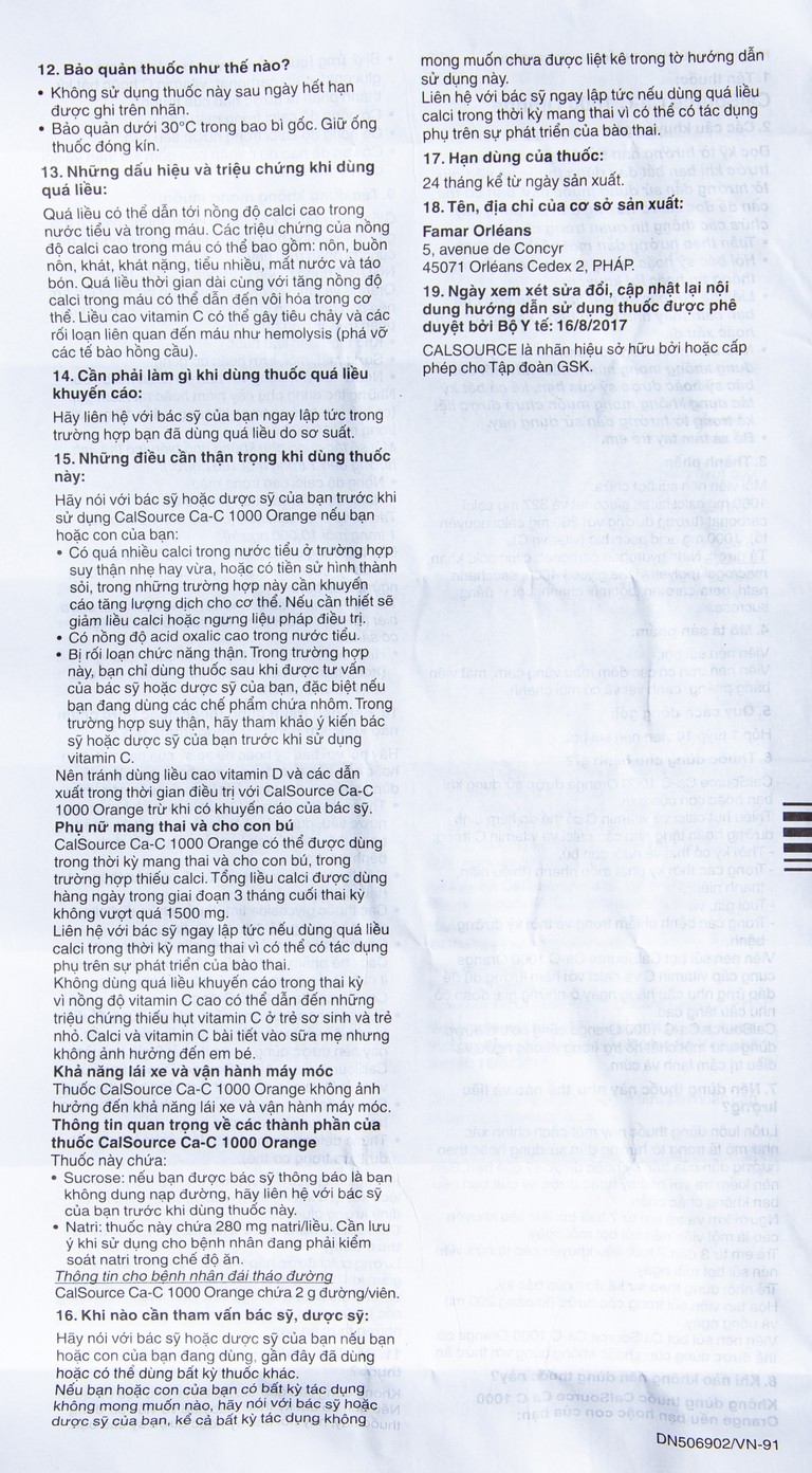 Viên sủi Ca-C1000 Orange Gsk điều trị thiếu calci hoặc vitamin C (10 viên)