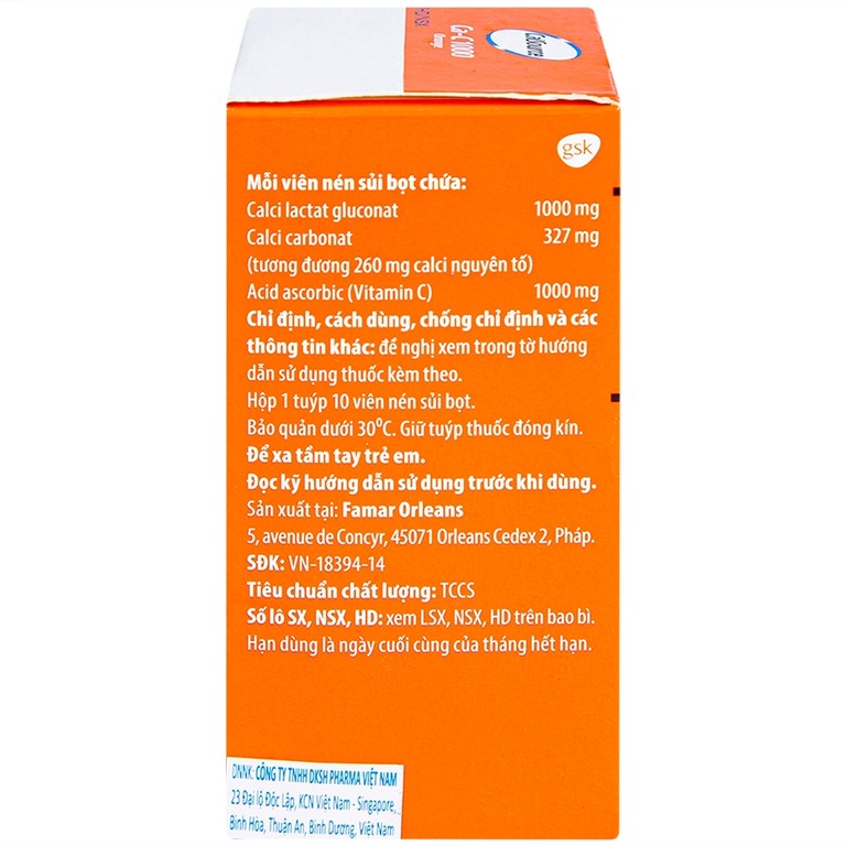 Viên sủi Ca-C1000 Orange Gsk điều trị thiếu calci hoặc vitamin C (10 viên)