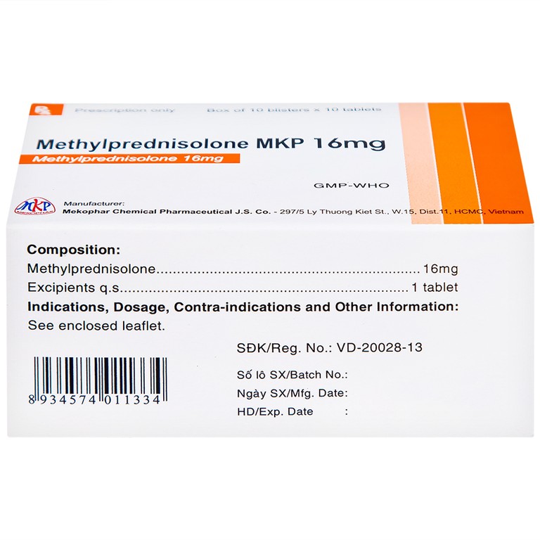 Thuốc Methylprednisolone MKP 16mg Mekophar kháng viêm, điều trị rối loạn nội tiết, viêm khớp (10 vỉ x 10 viên)
