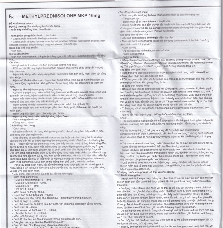 Thuốc Methylprednisolone MKP 16mg Mekophar kháng viêm, điều trị rối loạn nội tiết, viêm khớp (10 vỉ x 10 viên)
