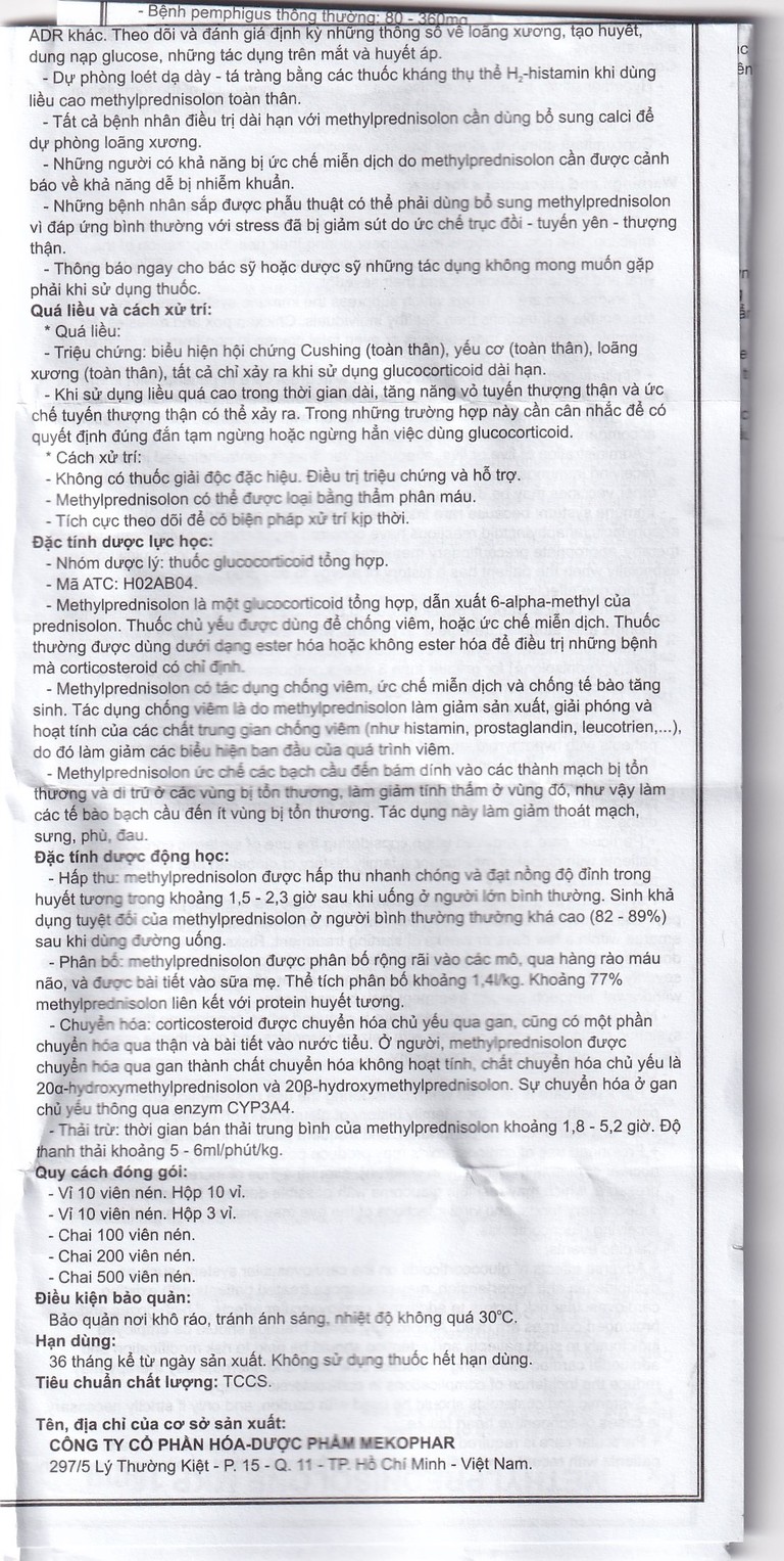 Thuốc Methylprednisolone MKP 16mg Mekophar kháng viêm, điều trị rối loạn nội tiết, viêm khớp (10 vỉ x 10 viên)