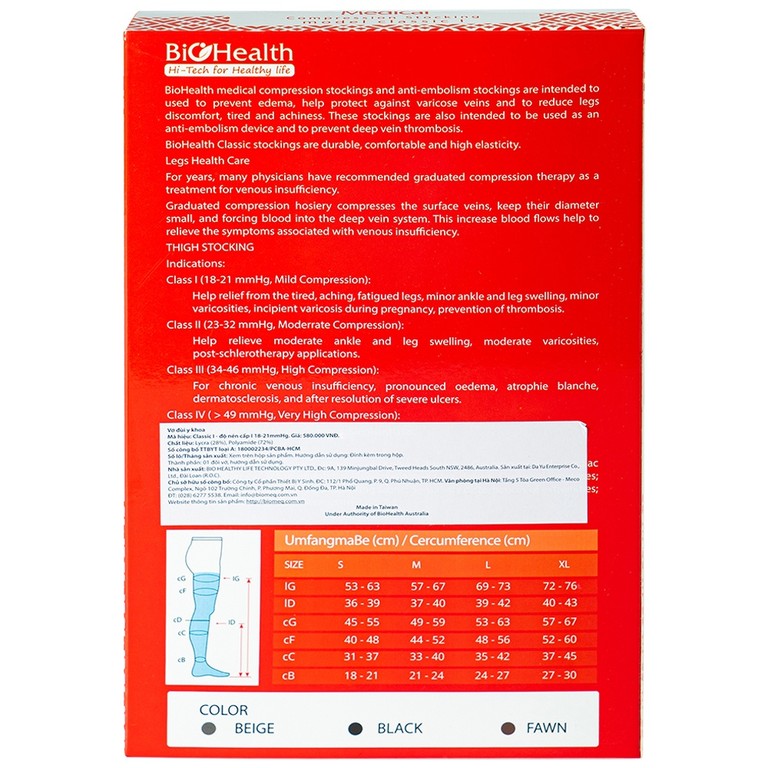Vớ đùi y khoa Medical Compression Stocking Model Classis I size S Biohealth ngăn ngừa phù nề 