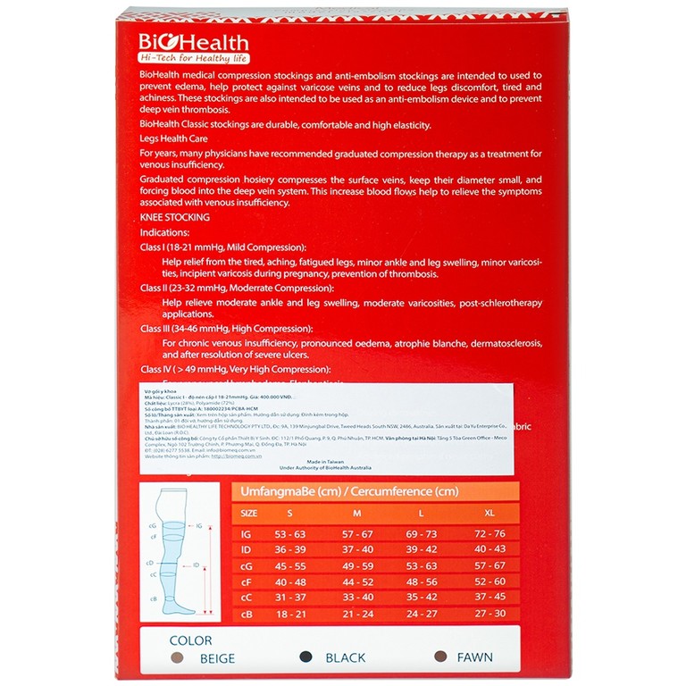 Vớ gối y khoa Medical Compression Stocking Model Classic I Biohealth màu da size S điều trị giãn tĩnh mạch chân