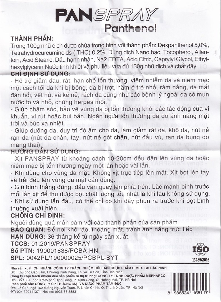 Xịt dưỡng da Panspray Panthenol Nano Bạc Bimex giảm đau rát, viêm, khô da (130g)