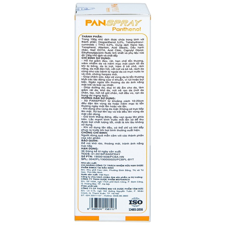 Xịt dưỡng da Panspray Panthenol Nano Bạc Bimex giảm đau rát, viêm, khô da (130g)