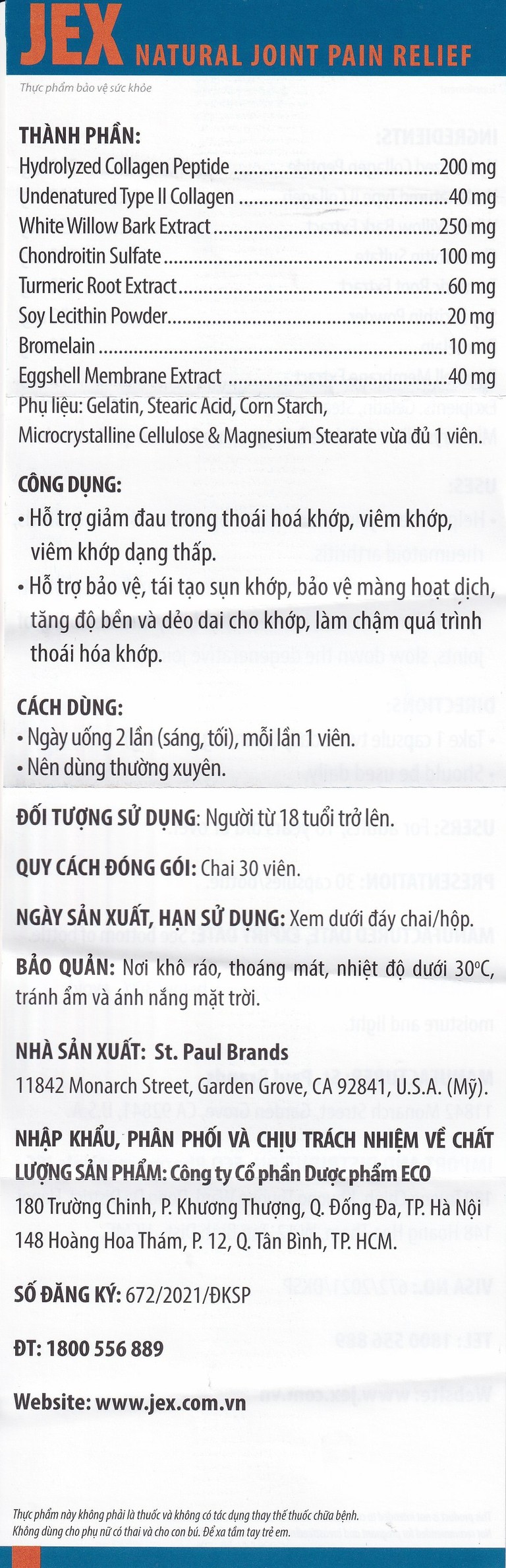 Viên uống Jex Natural Ecogreen hỗ trợ giảm đau trong thoái hoá khớp, viêm khớp (30 viên)
