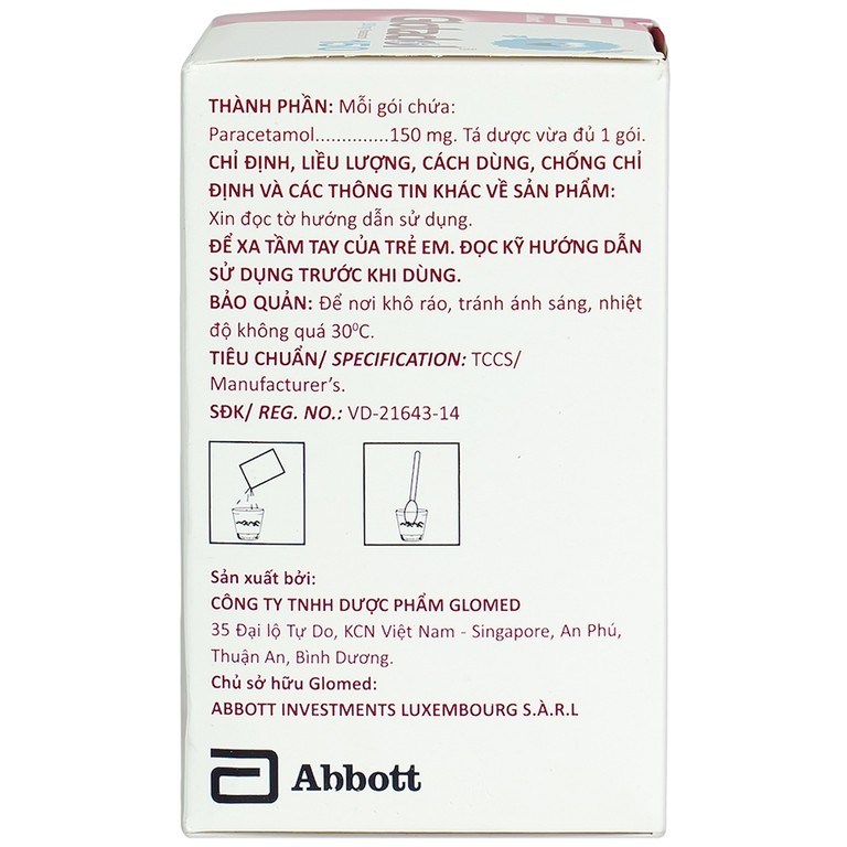 Bột Glotadol 150 Abbott hỗ trợ hạ sốt và giảm các cơn đau do cảm cúm (20 gói x 2g)