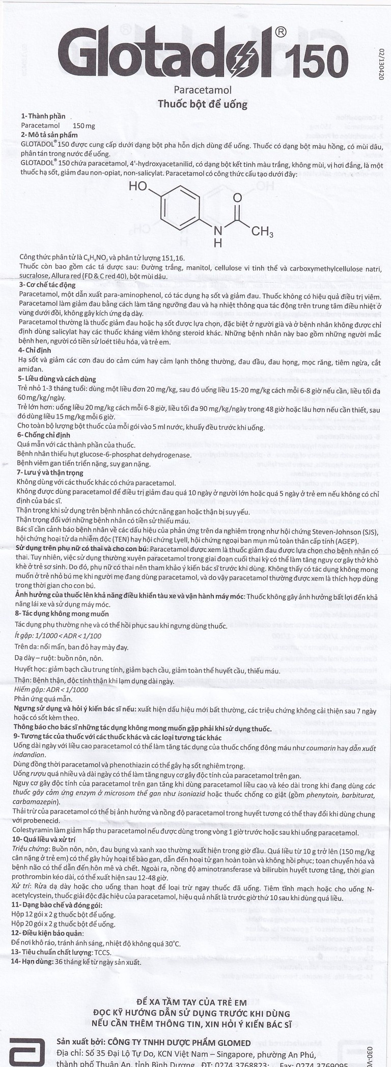 Bột Glotadol 150 Abbott hỗ trợ hạ sốt và giảm các cơn đau do cảm cúm (20 gói x 2g)