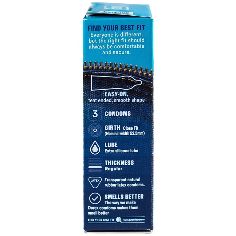 Bao cao su Durex Jeans ôm sát, nhiều chất bôi trơn (52,5mm - 3 cái)
