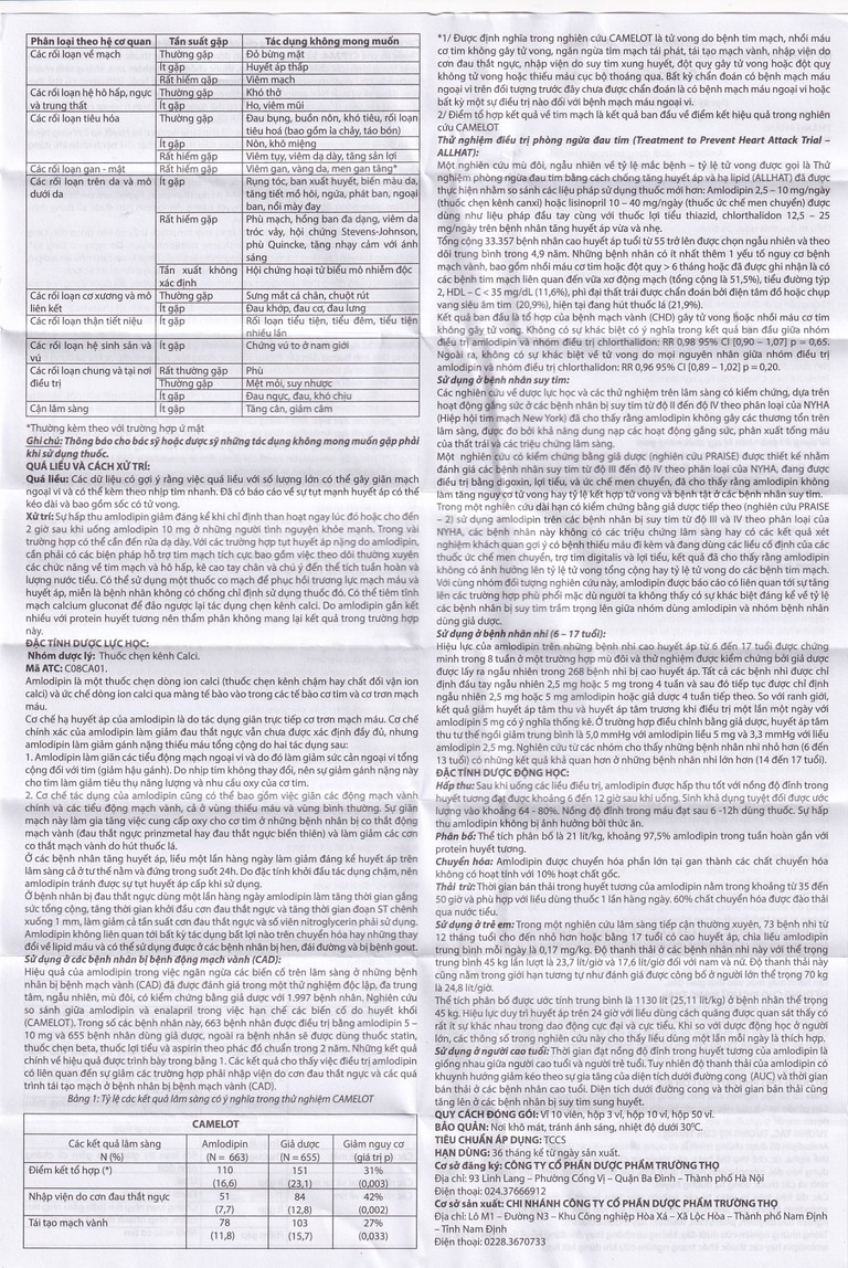 Thuốc Amlodipin 5mg Trường Thọ điều trị tăng huyết áp, đau thắt ngực (3 vỉ x 10 viên)