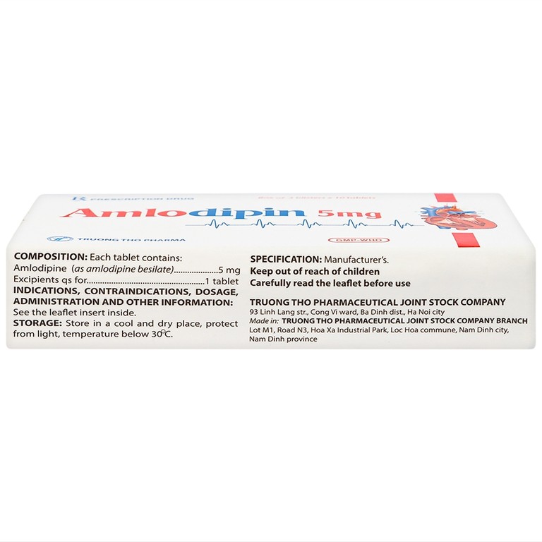 Thuốc Amlodipin 5mg Trường Thọ điều trị tăng huyết áp, đau thắt ngực (3 vỉ x 10 viên)
